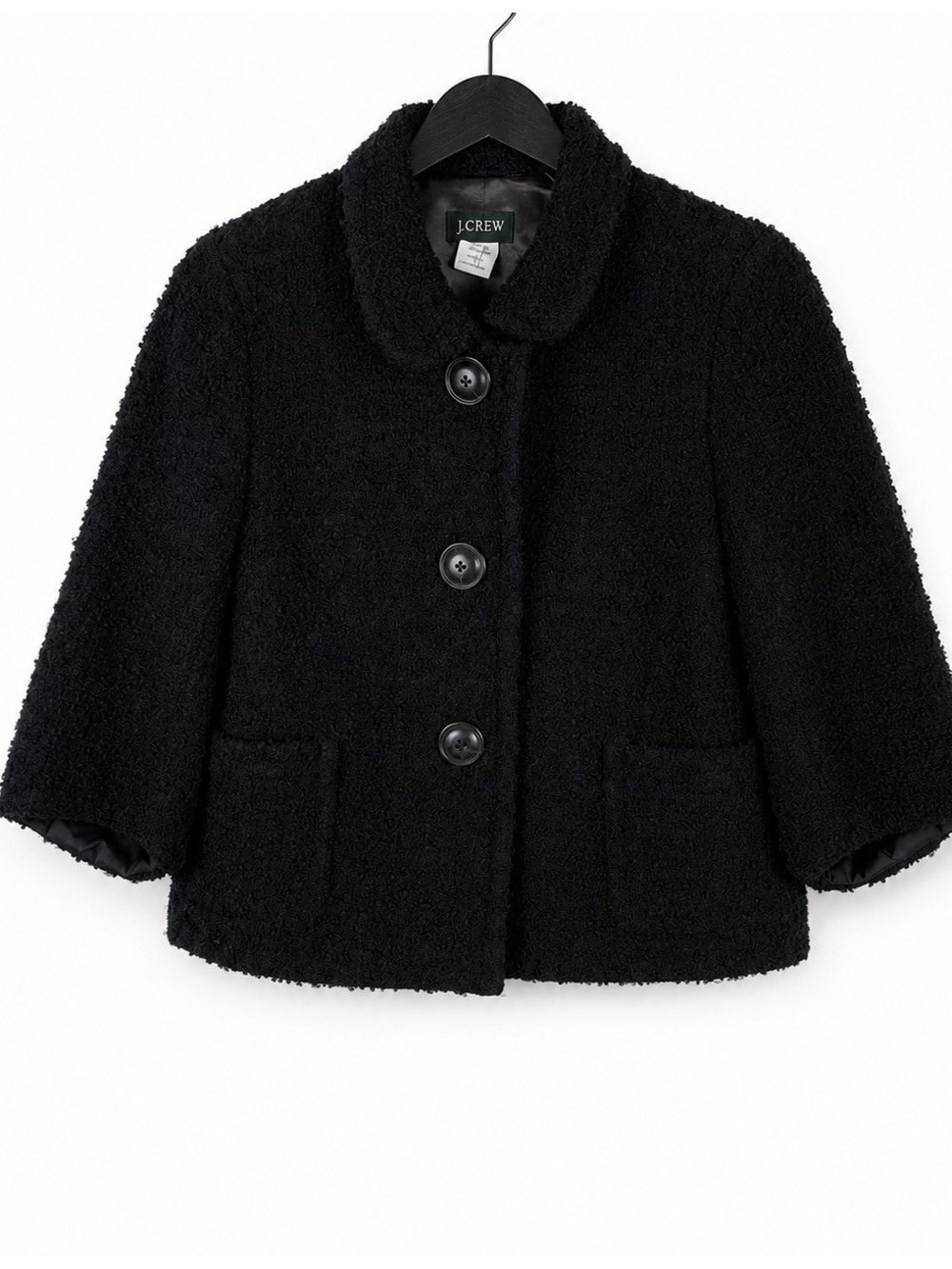 J.Crew Black Bouclé Wool-Blend Cropped Blazer – Peter Pan Collar – Size 8 - Picture 2 of 12